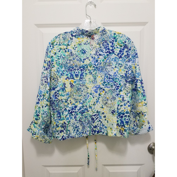 Hearts of Palm Abstract Prints Roll Tab Sleeves Draw String Waist Button Down 12 - Picture 2 of 10